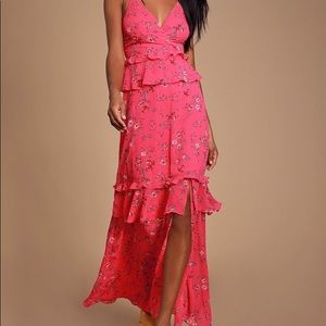 Lulus Sunshine Fuchsia Floral Ruffled Maxi Dress